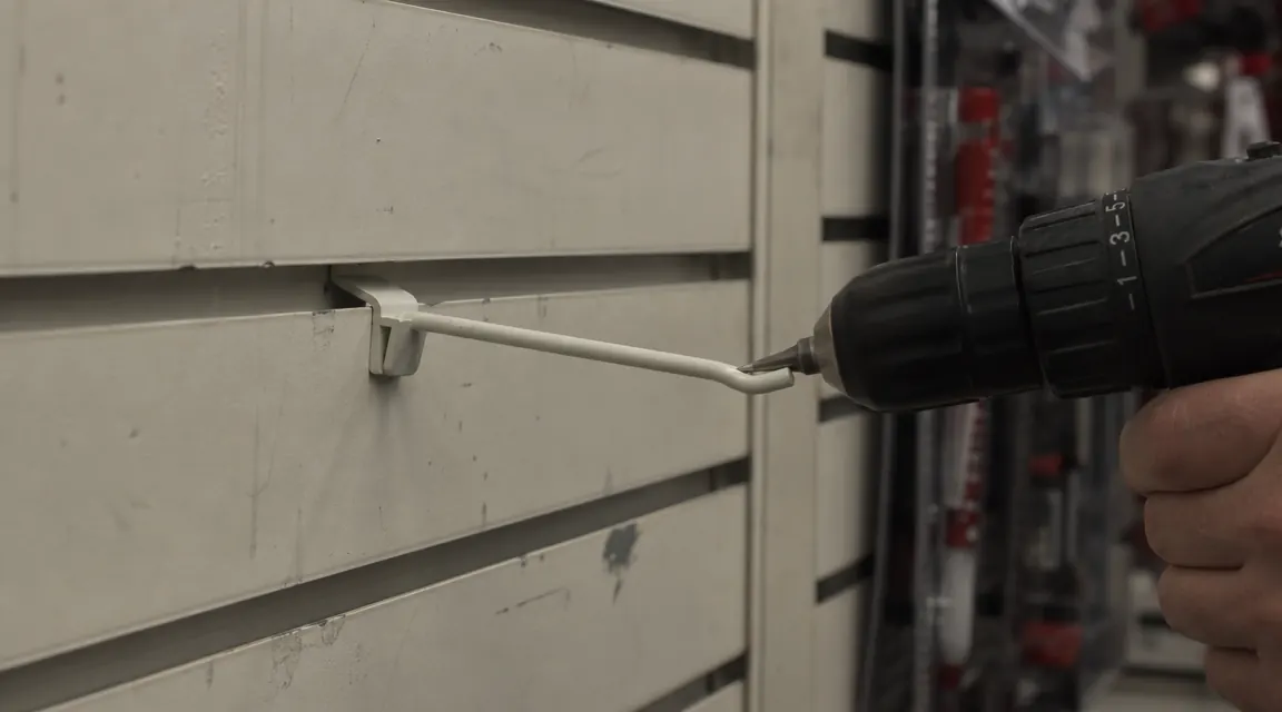 Slatwall panel in a garage showing a plastic hook tilting forward out of its groove under the weight of a cordless drill