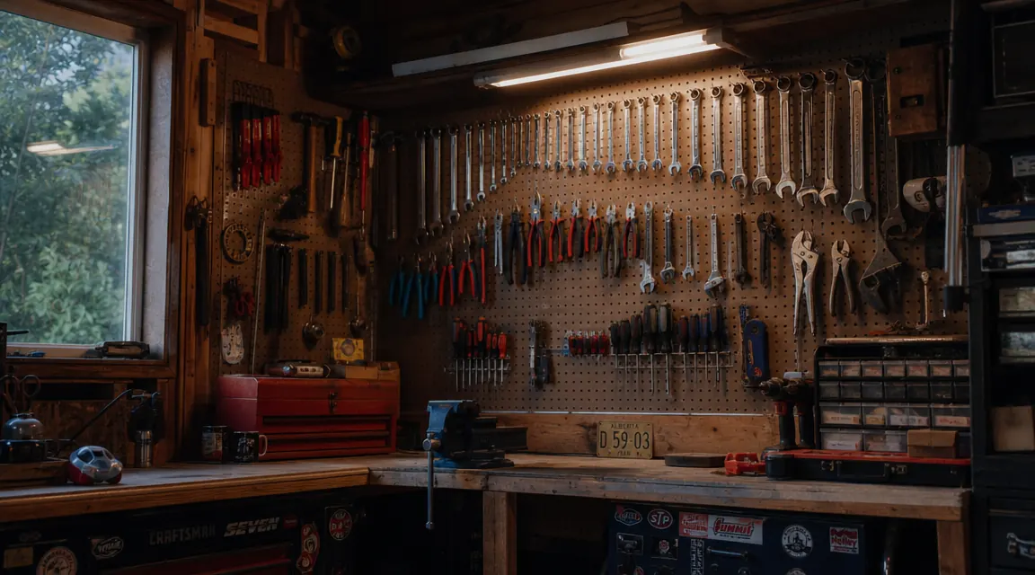 Organized garage wall with a metal pegboard system holding hand tools, wrenches, and power tool accessories on hooks